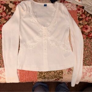 Old Navy White Ribbed Lace-Trim Button Top